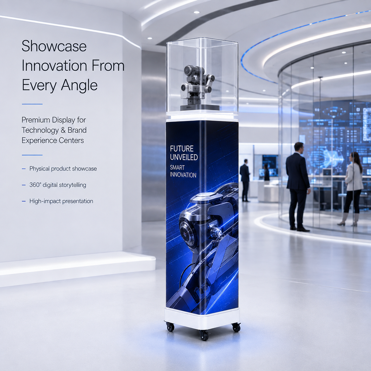 A tall freestanding product showcase display case with a clear top enclosure and a blue printed wrap reading 'FUTURE UNLEADED' and 'SMART INNOVATION,' shown in a modern exhibition hall. The scene includes people in the background and marketing text on the left.