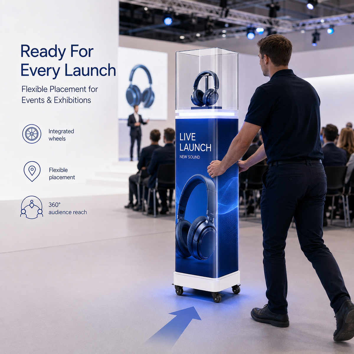 A man pushes a mobile product display cart in a conference or exhibition hall. The cart is white with a large blue printed panel showing headphones and the words 'LIVE LAUNCH NEW SOUND,' with a clear acrylic top.