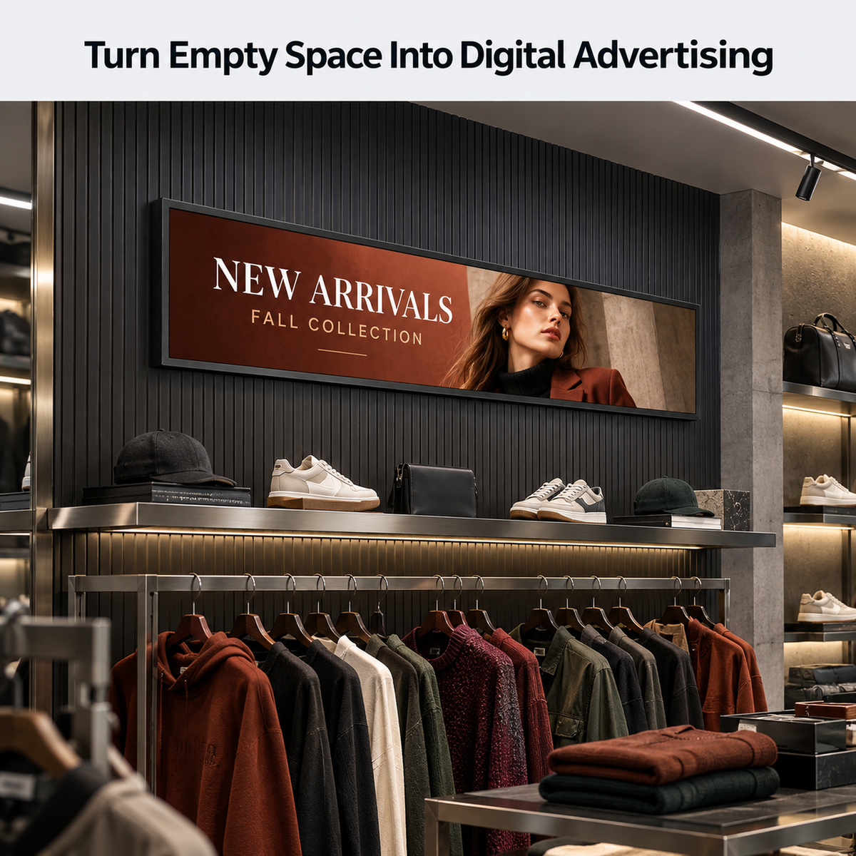 A retail store interior with clothing racks, shelves, and a large framed wall display reading “NEW ARRIVALS FALL COLLECTION,” with a woman pictured in the ad. The top of the image has a banner that says “Turn Empty Space Into Digital Advertising.