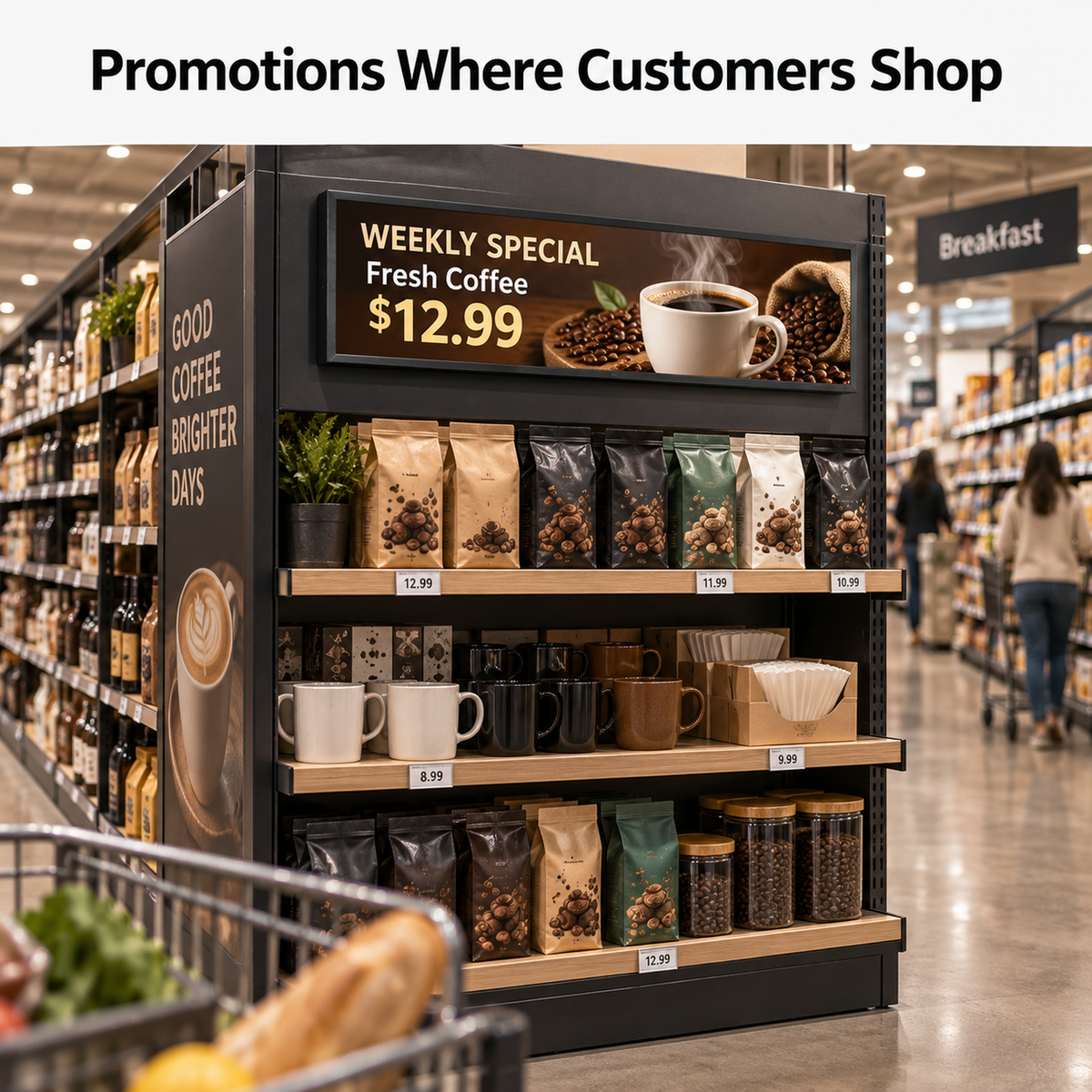 A retail coffee display stand in a grocery store aisle, featuring packaged coffee bags, mugs, jars, and a promotional sign reading 'Weekly Special Fresh Coffee $12.99.
