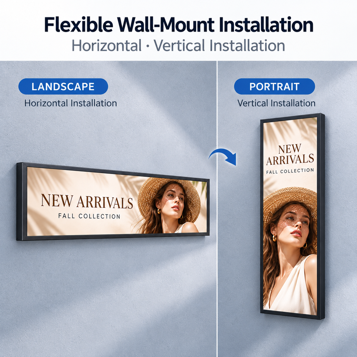 A promotional diagram showing a framed vertical fashion print in two installation orientations: landscape horizontal on the left and portrait vertical on the right. The text at the top reads 'Flexible Wall-Mount Installation' and labels the two modes as Landscape and Portrait.
