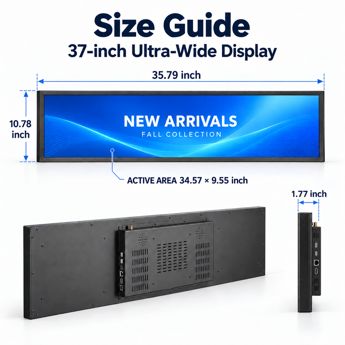 Size guide for a 37-inch ultra-wide display monitor, showing front dimensions, back panel, and side profile with text labels for width, height, and active area on a white background.