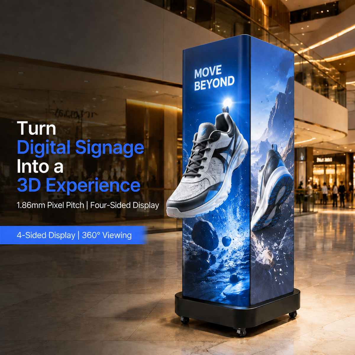 A tall freestanding digital signage display stand in a shopping mall interior, printed with a blue sci-fi graphic and a large sneaker illustration. Promotional text on the left reads 'Turn Digital Signage Into a 3D Experience' with 'MOVE BEYOND' visible on the sign.