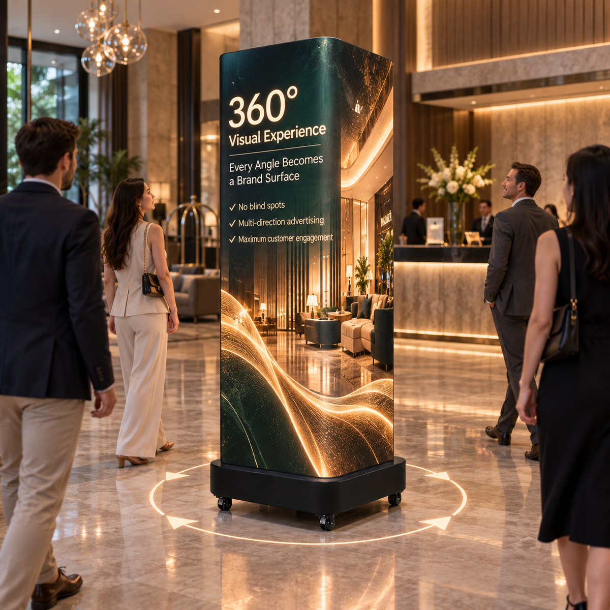 A freestanding vertical branded kiosk or sign in a modern lobby, shown with several people walking around it. The sign has a dark green and black design with glowing gold wave graphics and white text reading '360° Visual Experience' and additional marketing copy.
