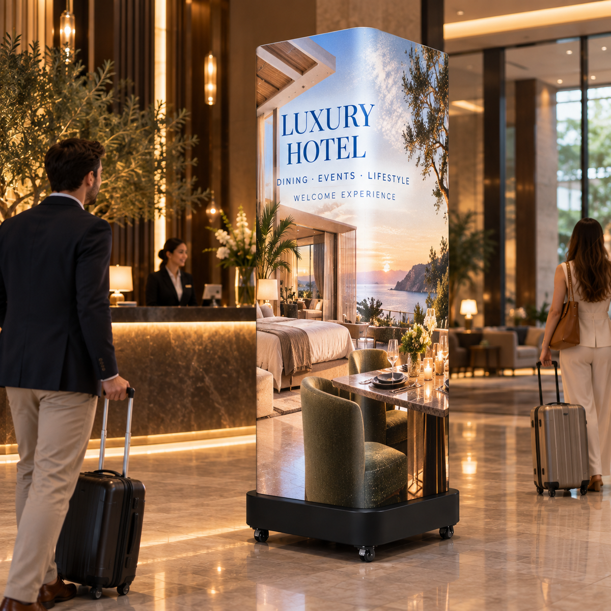 A freestanding vertical promotional display in a hotel lobby, printed with the text 'LUXURY HOTEL' and a resort scene. A man in a suit with a suitcase stands on the left, and a woman with a suitcase stands on the right, in a real indoor environment.