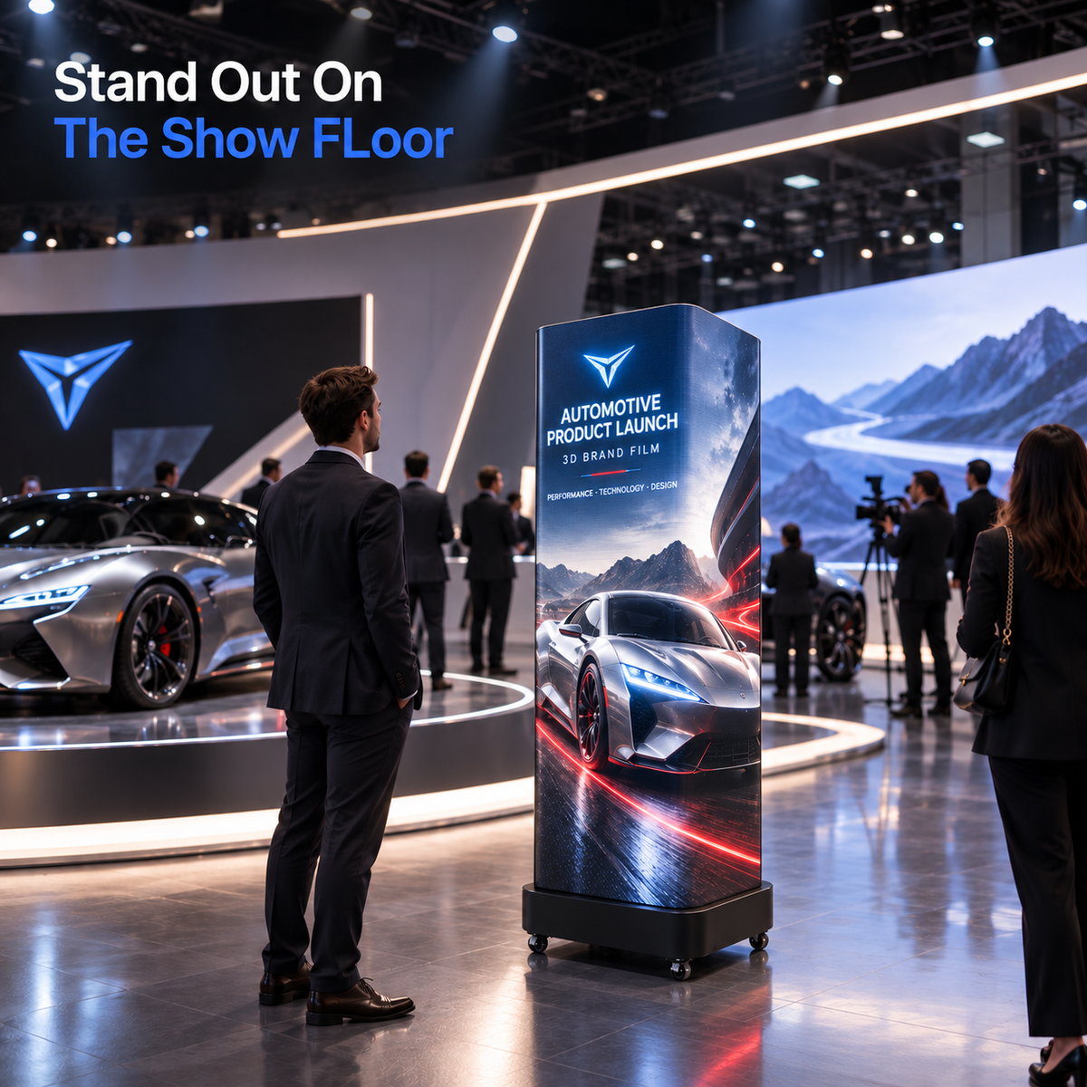 A freestanding illuminated vertical display stand on wheels at an auto show, featuring a printed automotive product launch graphic with a sports car and mountain scenery. Real people are visible in the exhibition floor, with a silver concept car and large backdrop screens in the background.