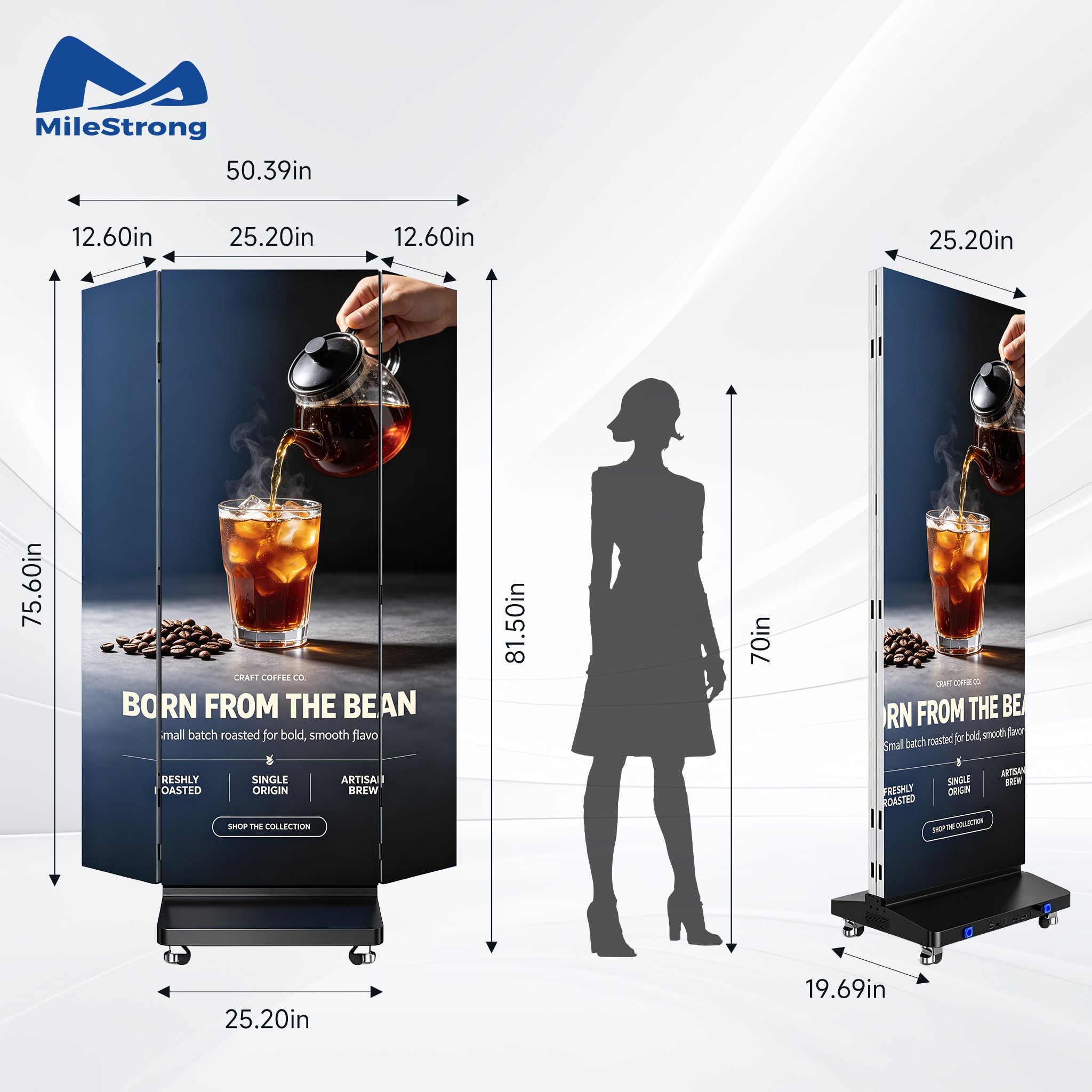 A product diagram showing two MileStrong freestanding vertical display stands with printed coffee-themed graphics, overlaid with dimension lines and a black silhouette of a person for scale. The left stand is shown front-on with width 25.