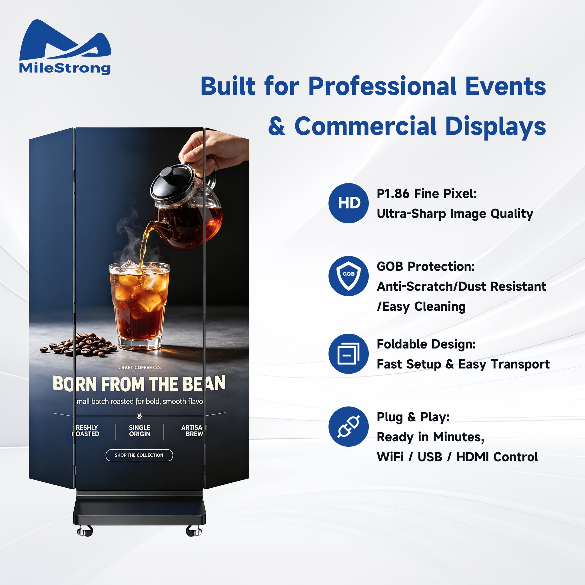 A tall MileStrong coffee machine display cabinet in dark navy/black with a printed coffee-themed graphic and text, shown on a light gray background with feature callouts for commercial event use.