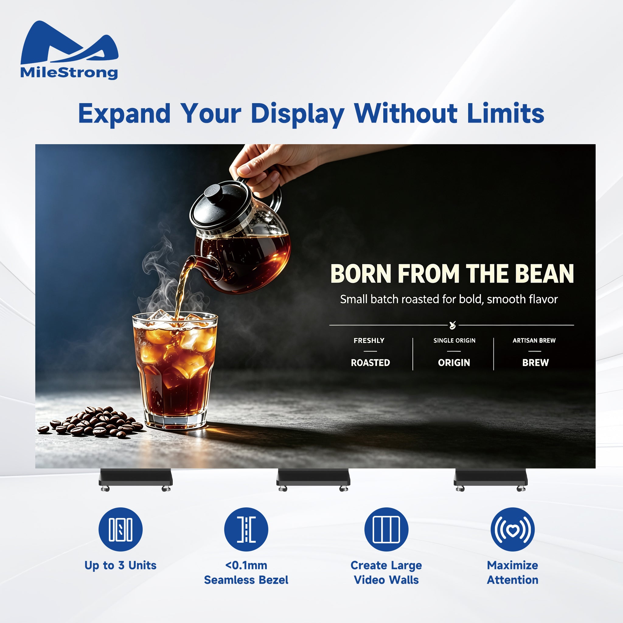 A MileStrong video wall display showing a coffee pouring scene, with marketing text above and feature icons below. The display is shown mounted on a stand against a light gray background.