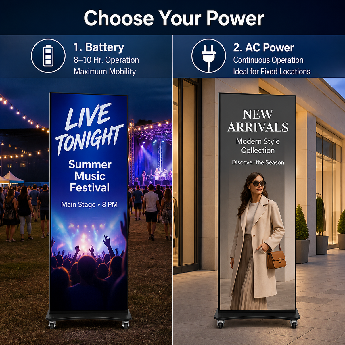 A promotional comparison graphic for two types of vertical banner stands: battery-operated mobile stands on the left and AC power-operated fixed-location stands on the right. The top text reads 'Choose Your Power.