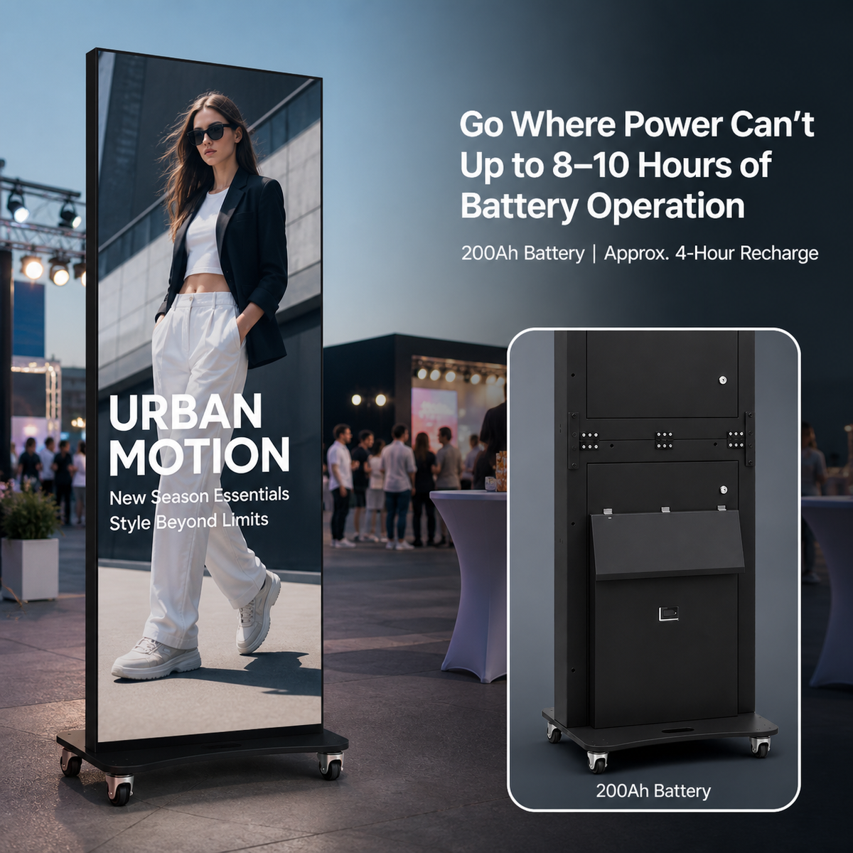 A tall black freestanding digital display screen on wheels with a large fashion advertisement, shown alongside a close-up inset of the back of the unit and marketing text about 200Ah battery life. This is not a clean standalone product shot because the scene includes a real event environment and promotional layout, so Lifestyle fits better than Product/Packaging.