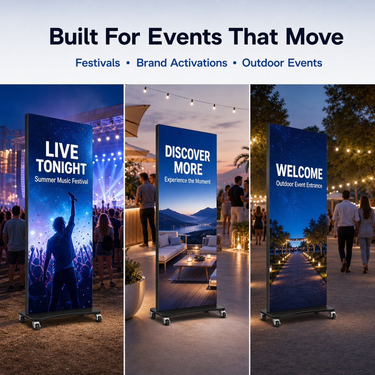 Three vertical event signage boards shown in outdoor festival and evening event settings, with large customizable text panels reading 'LIVE TONIGHT,' 'DISCOVER MORE,' and 'WELCOME.' The top of the image includes the headline 'Built For Events That Move' and subtext 'Festivals • Brand Activations • Outdoor Events.