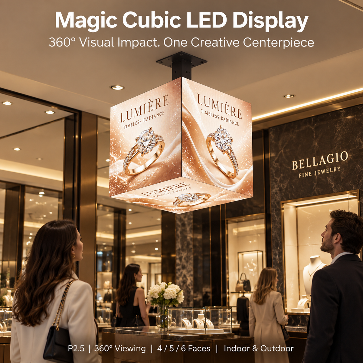 A hanging cube-shaped LED display in a luxury jewelry store, showing a rose-gold-toned ring on two visible faces. Large text at the top reads 'Magic Cubic LED Display' and the display itself is branded 'LUMIÈRE'.