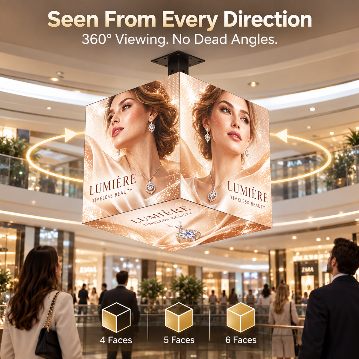 A 3D promotional display cube hanging in a shopping mall, showing a woman wearing jewelry with the text 'LUMIÈRE TIMELESS BEAUTY' on each face. The image includes marketing text at the top ('Seen From Every Direction') and feature icons at the bottom indicating 4, 5, or 6 faces.