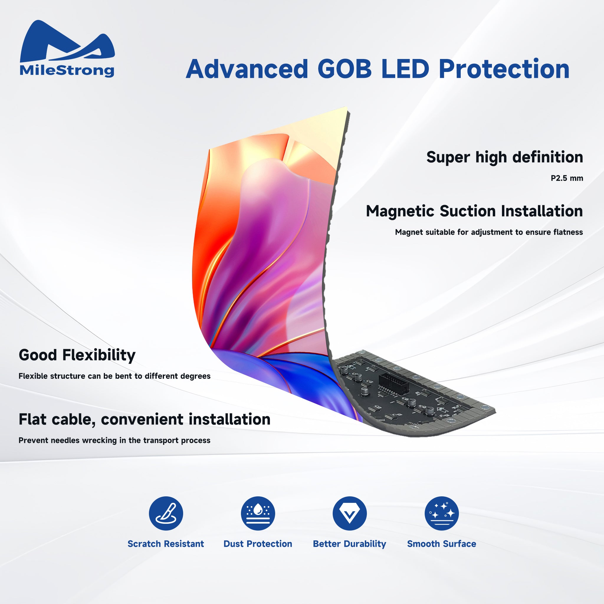 Promotional graphic for MileStrong Advanced GOB LED Protection, showing a flexible curved display panel with a colorful abstract screen and a partial keyboard underneath, surrounded by feature callouts and icons for scratch resistance, dust protection, durability, and smooth surface.