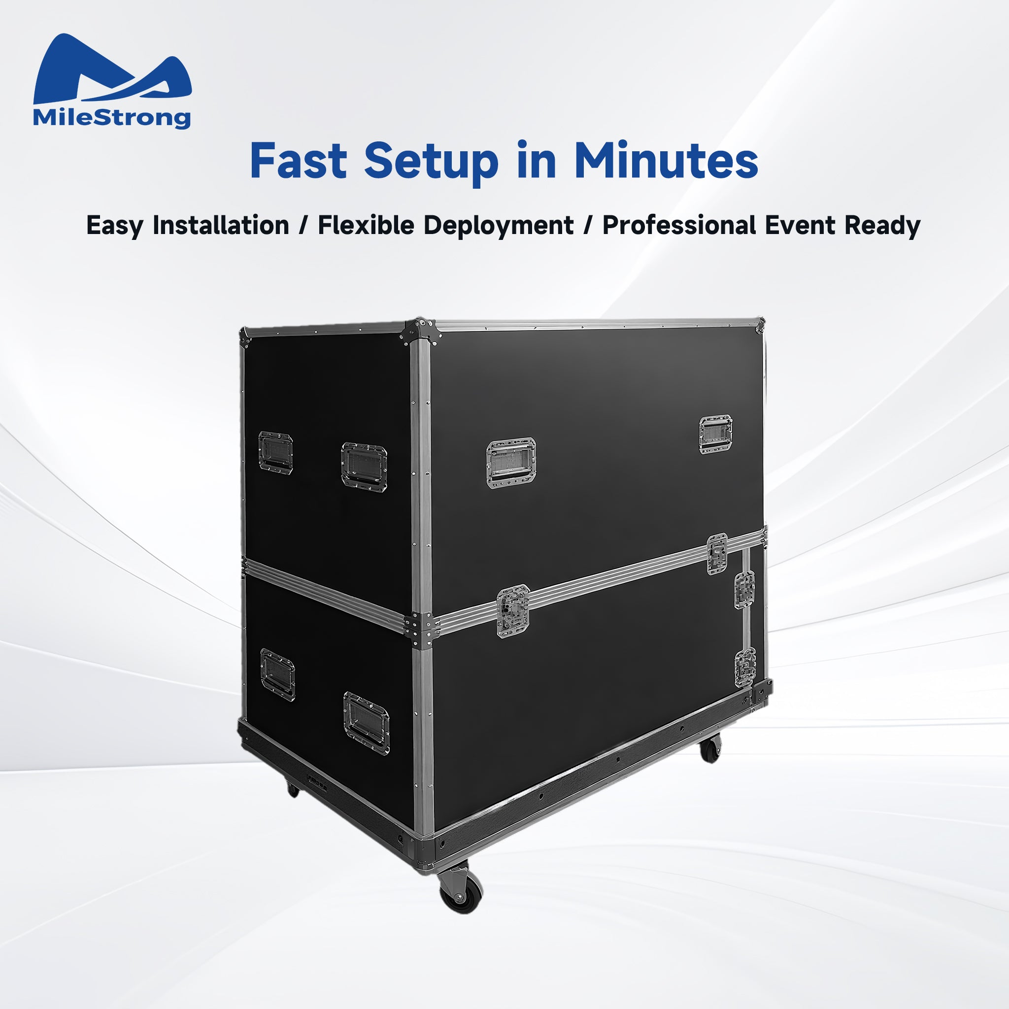 A large black hard-shell equipment case with metal corner protectors, latches, and caster wheels, shown on a light gray graphic background with MileStrong branding and promotional text.