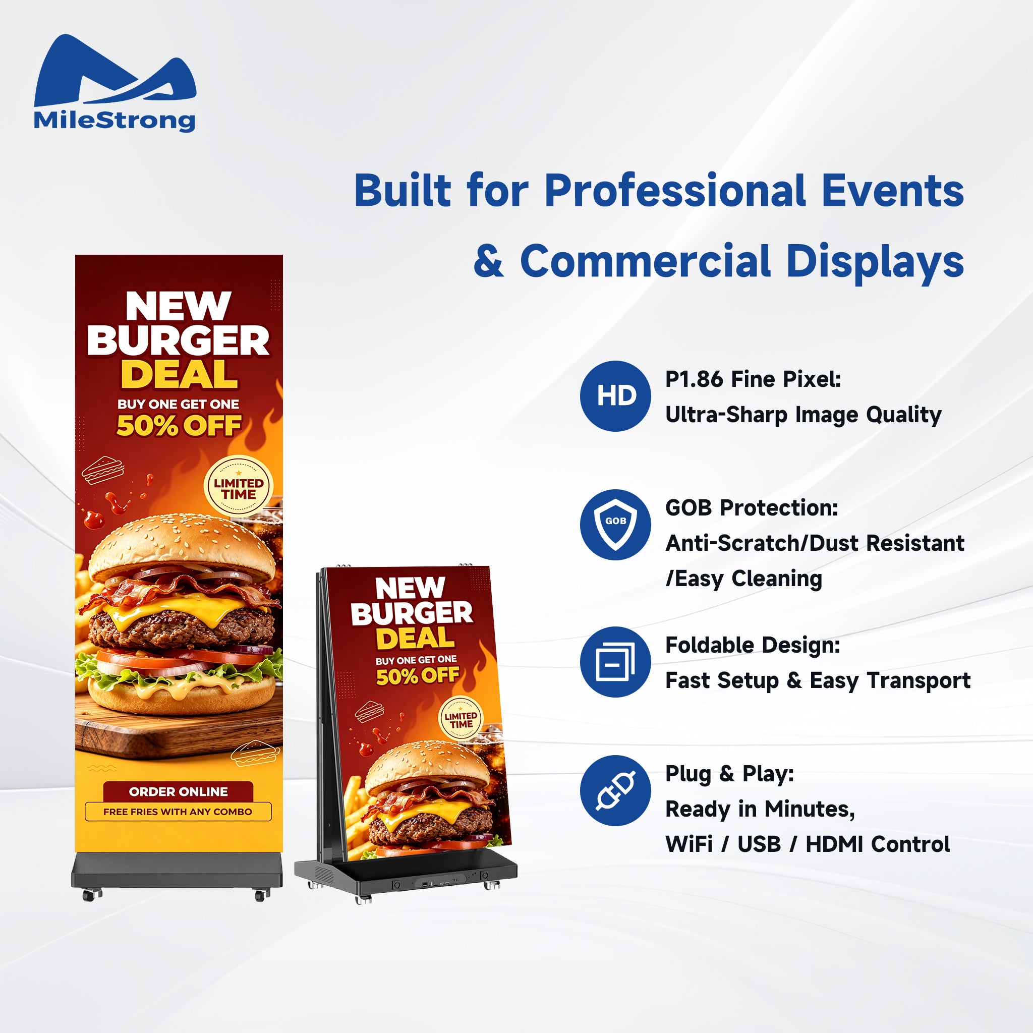 80 Inch 2-Fold P1.86 Foldable LED Poster Display, Max Run 6 in 1