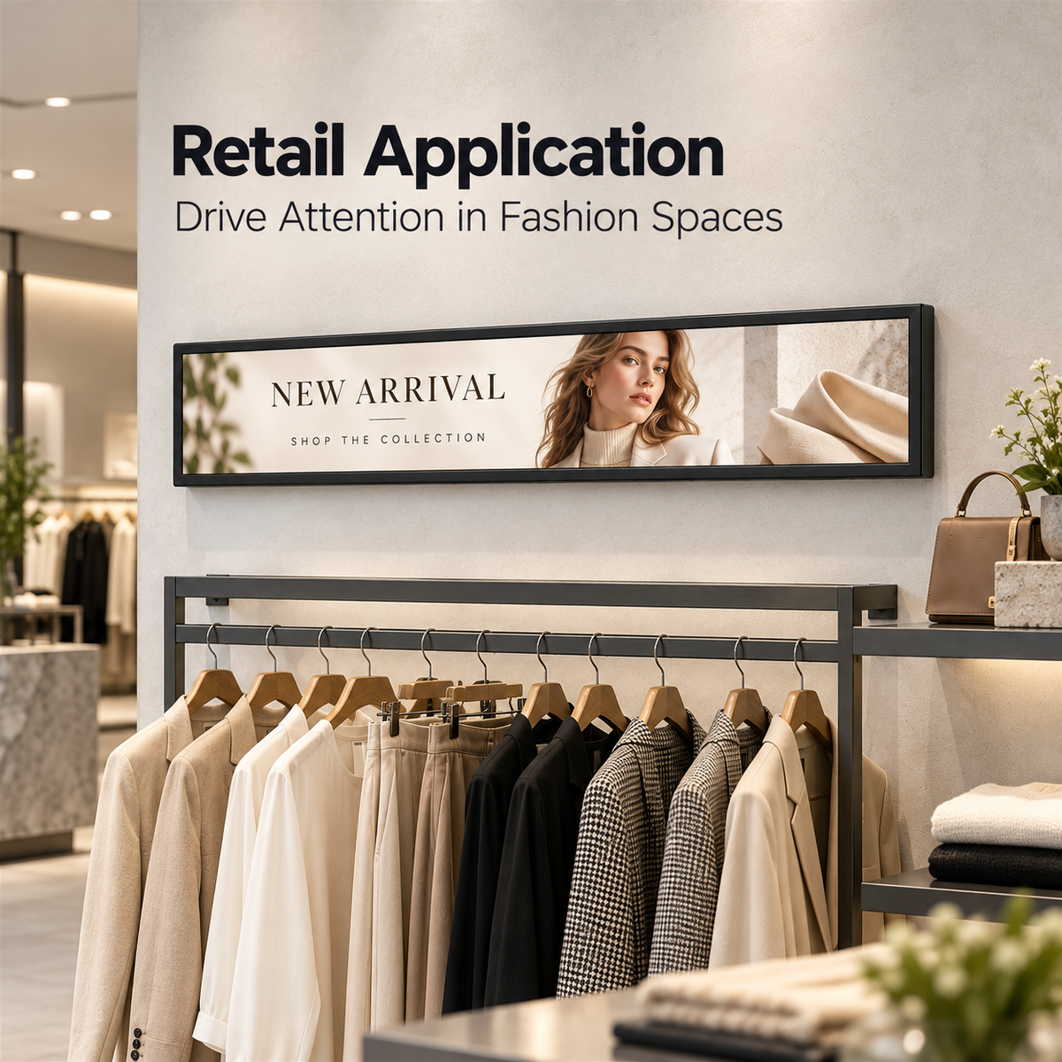 A framed horizontal banner displaying a fashion model and the text 'NEW ARRIVAL SHOP THE COLLECTION' hangs on a light gray wall above a clothing rack in a modern retail store.