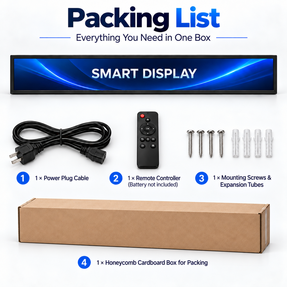 Packing list graphic for a smart display monitor kit, showing the black-framed display panel, power cable, remote controller, mounting screws and plastic inserts, and a brown cardboard box, with numbered callouts and text on a white background.