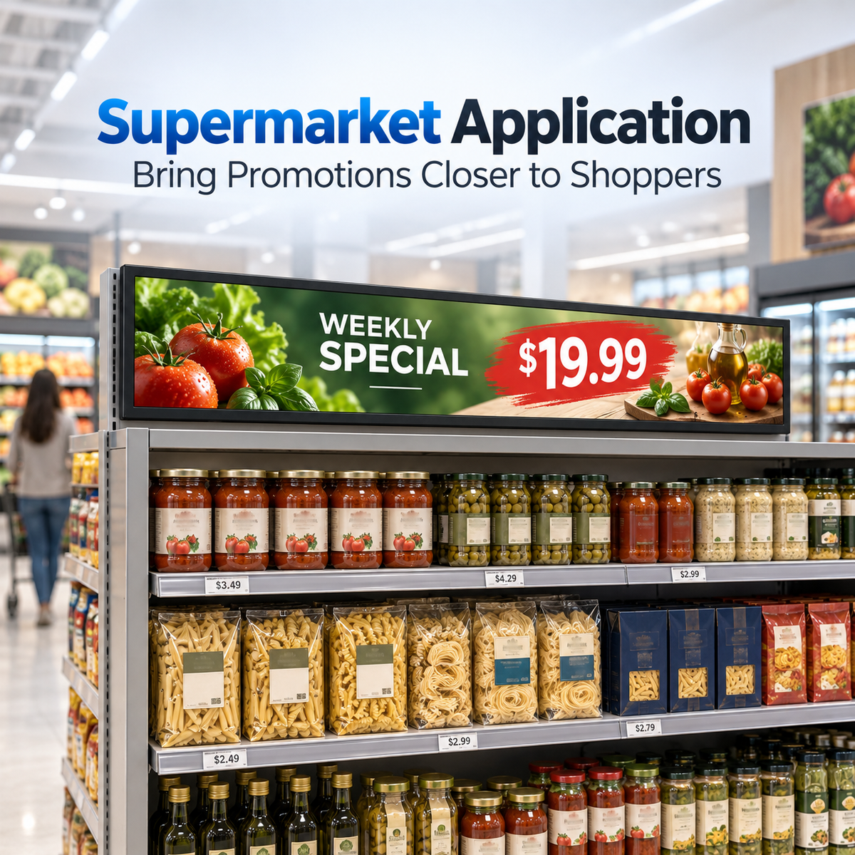 A promotional graphic for a supermarket advertising display sign, showing a weekly special sign above shelves of pasta, jars, and bottles in a grocery store aisle. Text at the top reads 'Supermarket Application Bring Promotions Closer to Shoppers'.