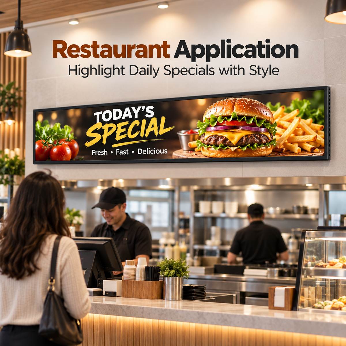 A restaurant interior with a large illuminated menu board advertising a burger and fries under the words 'TODAY'S SPECIAL.' A customer stands at the counter facing staff, with kitchen workers visible in the background.