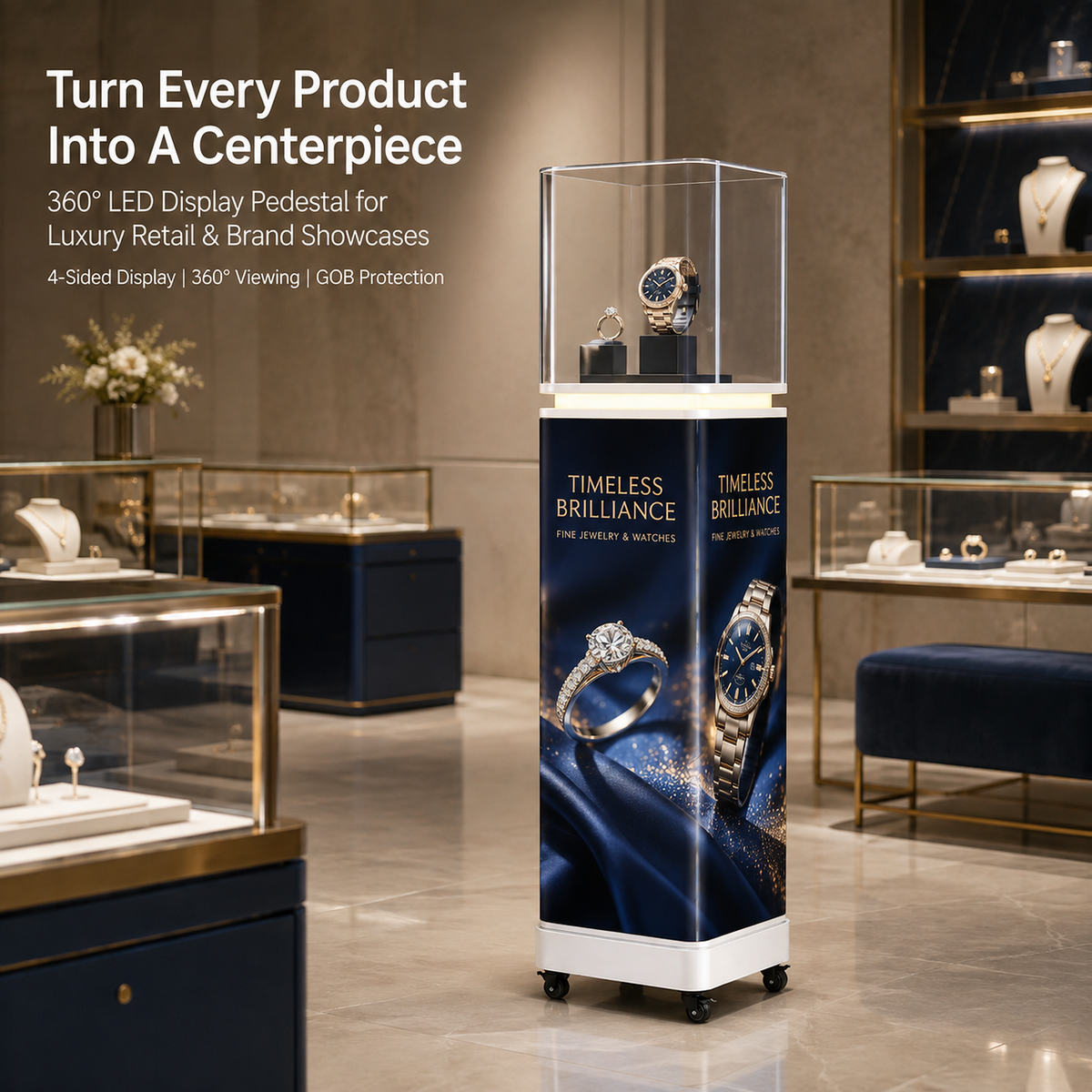 A freestanding rectangular jewelry display pedestal with a clear acrylic top and a dark blue printed wrap featuring a ring and watch, shown in a luxury retail showroom. White text on the left reads, 'Turn Every Product Into A Centerpiece' with supporting copy about 360° LED display and brand showcases.