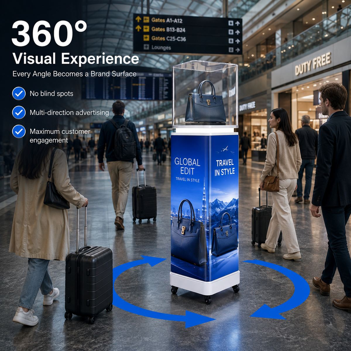 A mobile advertising kiosk with a clear display top stands in an airport terminal, wrapped in a blue travel-themed ad. Passengers with rolling suitcases walk around it, and blue arrows illustrate a 360-degree viewing path.