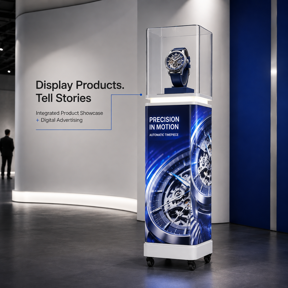 A luxury wristwatch displayed on a white and blue branded vertical showcase pedestal with a clear top enclosure, set in a modern exhibition space. The watch features a dark blue strap and a silver-toned case with a detailed dial.