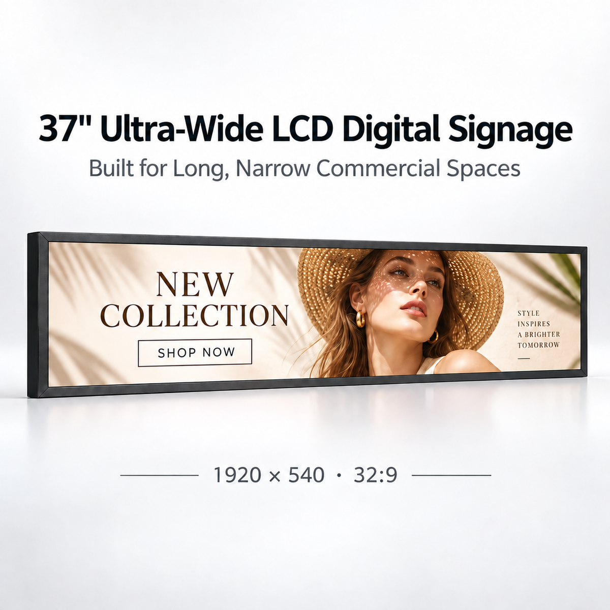 A 37-inch ultra-wide LCD digital signage display shown at an angle on a clean white background. The display features a warm-toned advertisement with a woman in a straw hat and the text 'NEW COLLECTION' and 'SHOP NOW'.