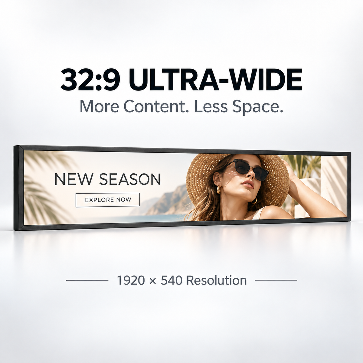 A 32:9 ultra-wide banner mockup with a black border, featuring a lifestyle image of a woman in a straw hat and sunglasses with the text 'NEW SEASON' and 'EXPLORE NOW'. The banner is displayed on a clean white background with text indicating '32:9 ULTRA-WIDE' and '1920 x 540 Resolution'.
