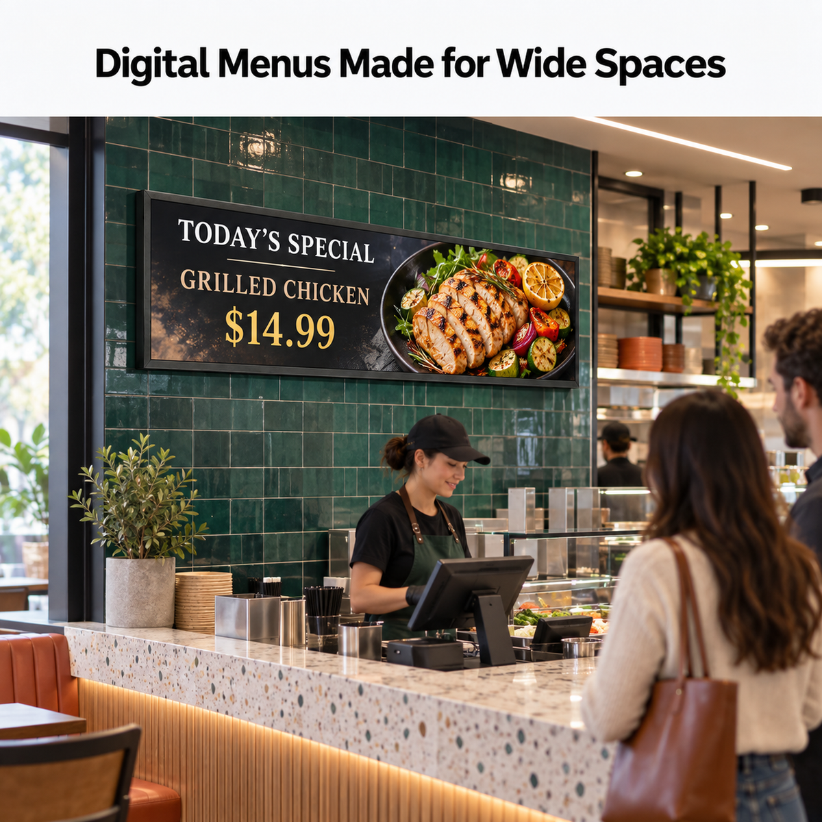 A restaurant interior with a large black digital menu board displaying a grilled chicken special, set against a green tiled wall. Customers are seated and ordering at a counter, with the text 'Digital Menus Made for Wide Spaces' at the top.
