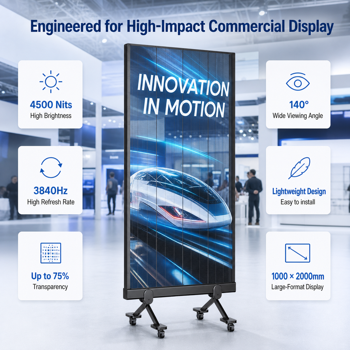 A freestanding large-format commercial display screen on a wheeled stand, shown in a clean studio-style promotional layout with feature callouts around it. The screen displays a blue and black graphic with the words 'INNOVATION IN MOTION.