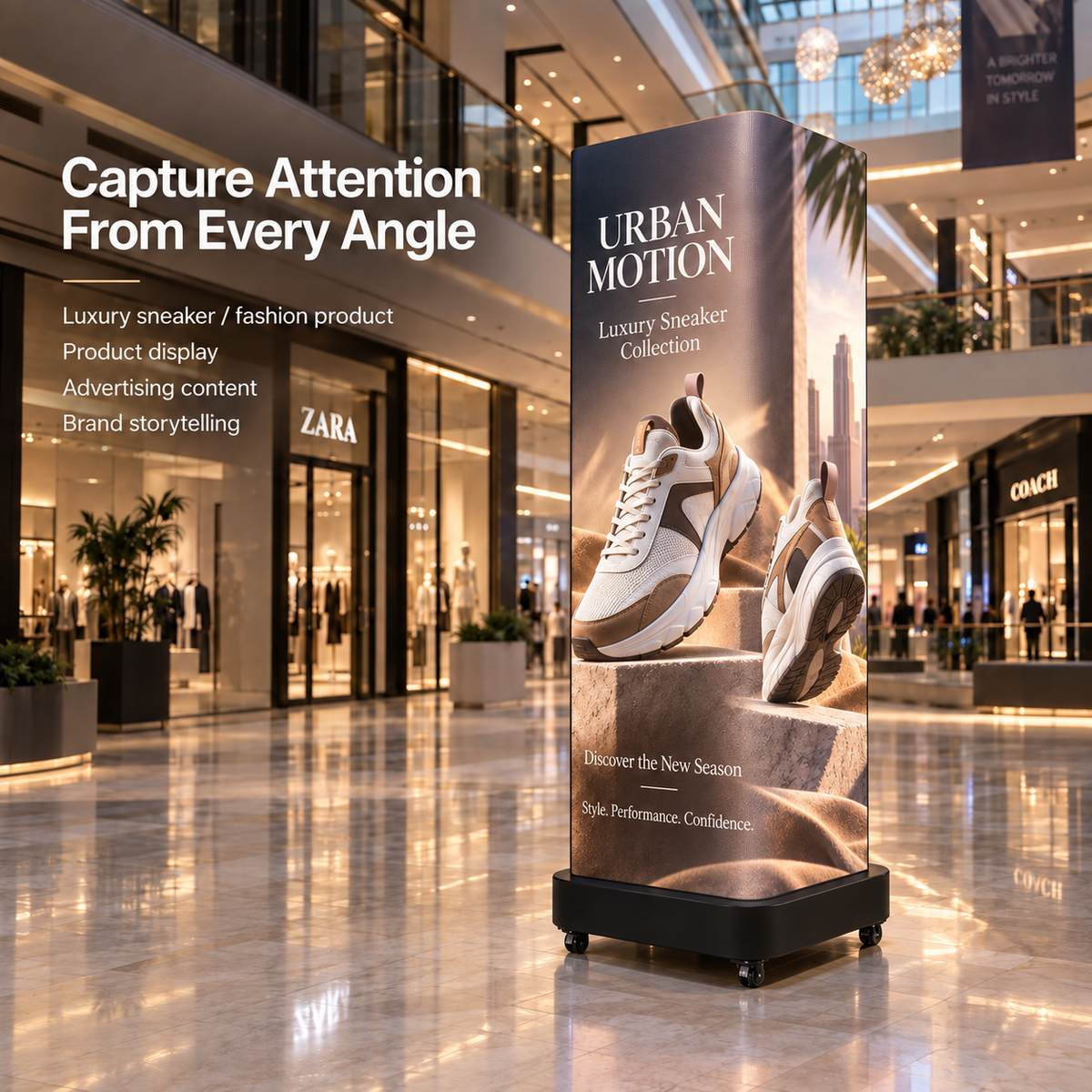 A freestanding tall retail display stand in a shopping mall, featuring a luxury sneaker advertisement with the text 'URBAN MOTION' and 'Luxury Sneaker Collection.' The stand has a black wheeled base and displays a pair of beige and white sneakers on a printed panel.