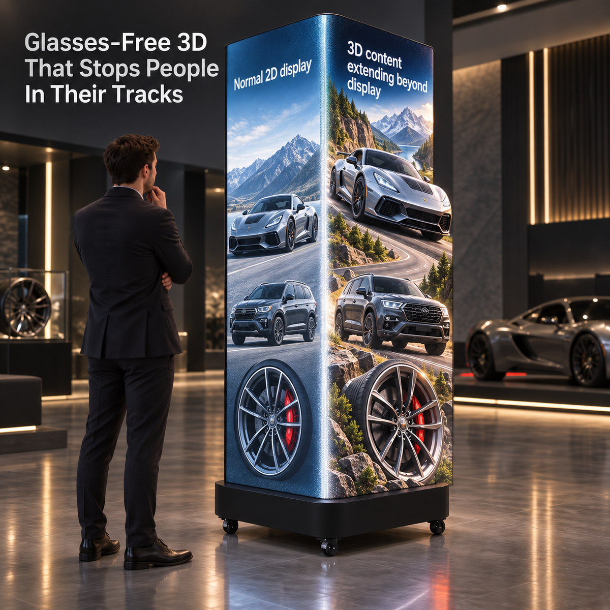 A man in a dark suit stands beside a tall freestanding digital display screen in a modern showroom. The screen shows automotive imagery and text including '3D content extending beyond display.