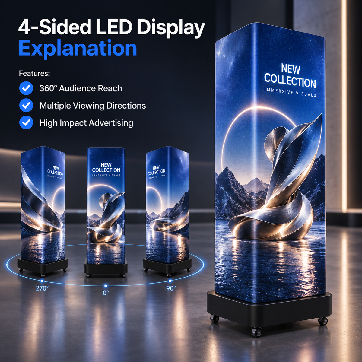 A promotional graphic for a 4-sided LED display stand, showing one large upright display on wheels with three smaller side views on a polished floor. The display features a dark blue and black wrap with a metallic abstract sculpture over water and the text 'NEW COLLECTION' and 'IMMERSIVE VISUALS.