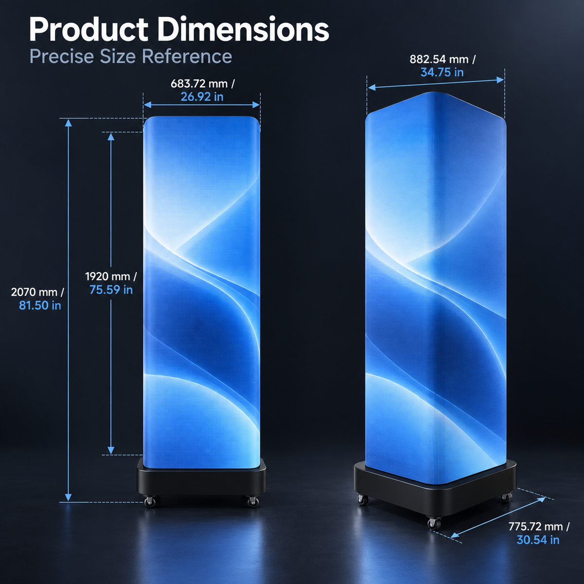 Product dimensions diagram showing two views of a tall rectangular illuminated device on a dark studio background, with labeled measurements in millimeters and inches and the heading 'Product Dimensions Precise Size Reference'.