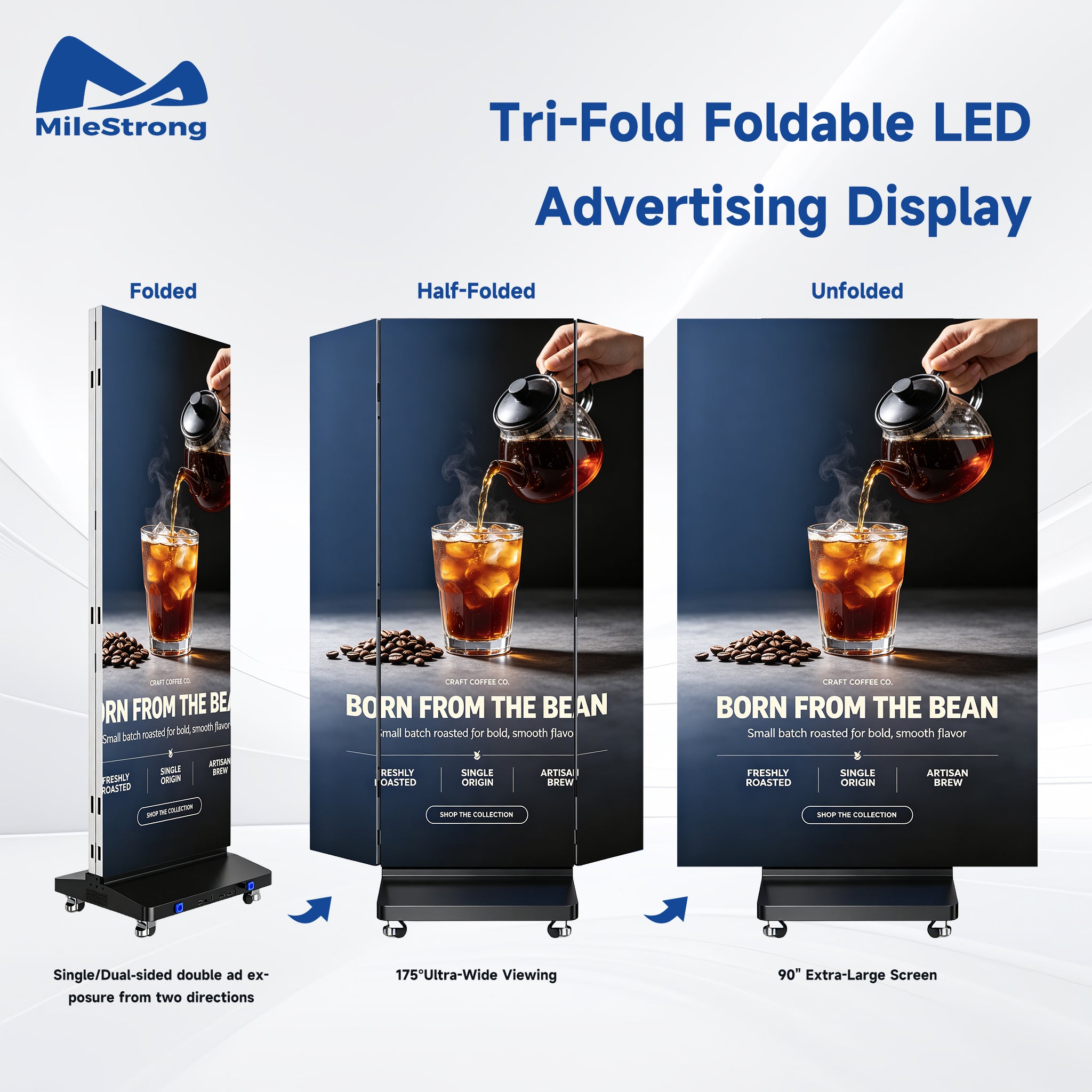 A promotional infographic for the MileStrong Tri-Fold Foldable LED Advertising Display, showing three configurations: Folded, Half-Folded, and Unfolded. The display features a dark blue and black design with an advertisement of coffee pouring from a glass pot into an iced drink.
