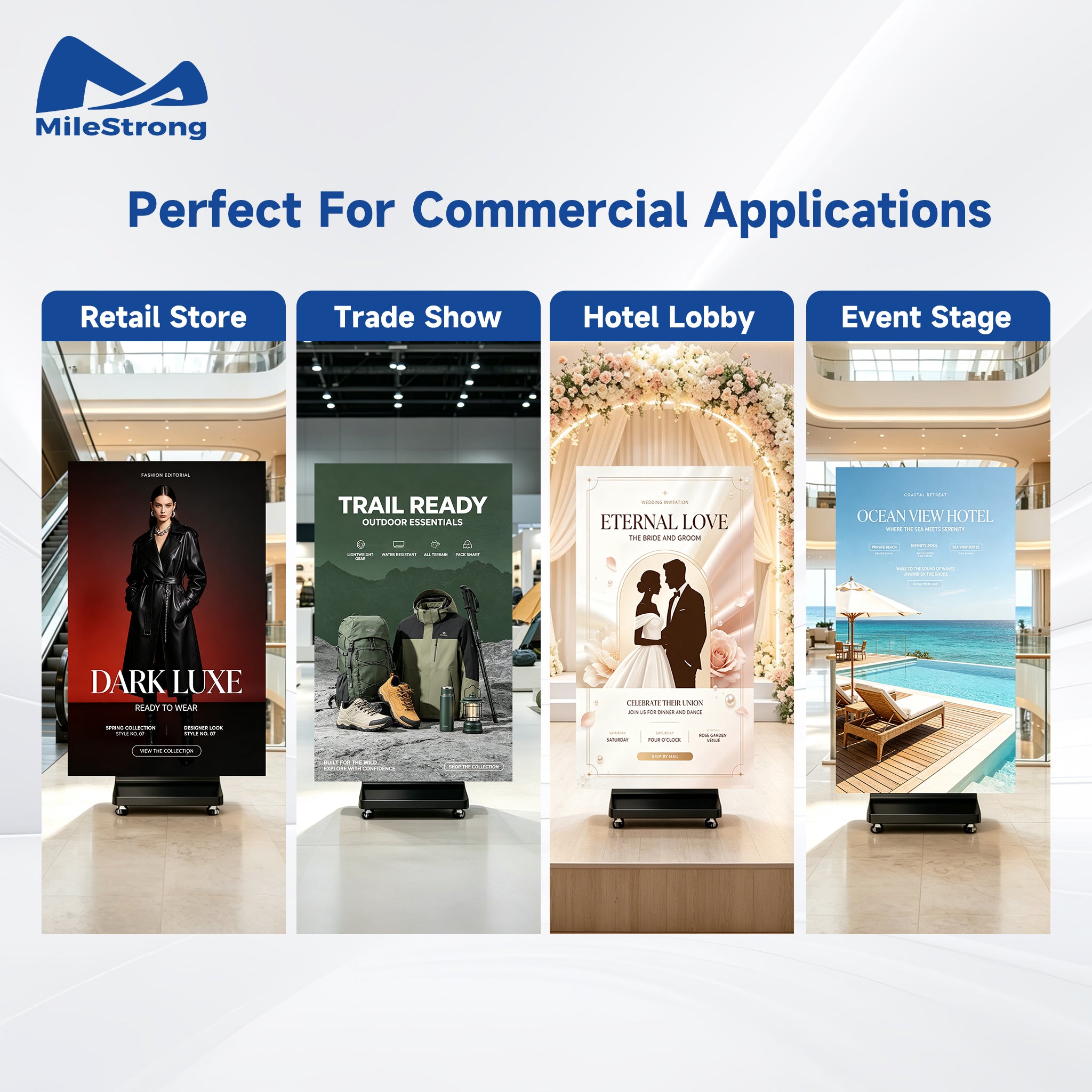 A promotional graphic for MileStrong display stands, featuring the text 'Perfect For Commercial Applications' and four example retail store, trade show, hotel lobby, and event stage applications. Each panel shows a freestanding vertical display stand with a printed poster or sign.