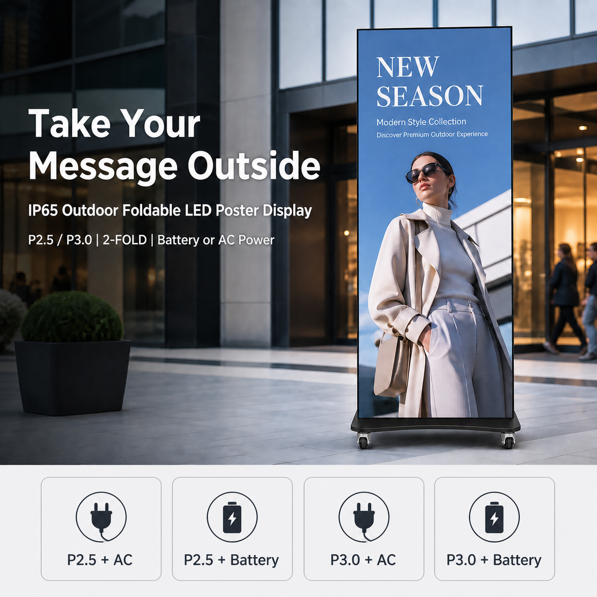 An outdoor foldable LED poster display stand on wheels, shown with a printed fashion advertisement. The scene is set in a modern building lobby with promotional text on the left and feature icons along the bottom.