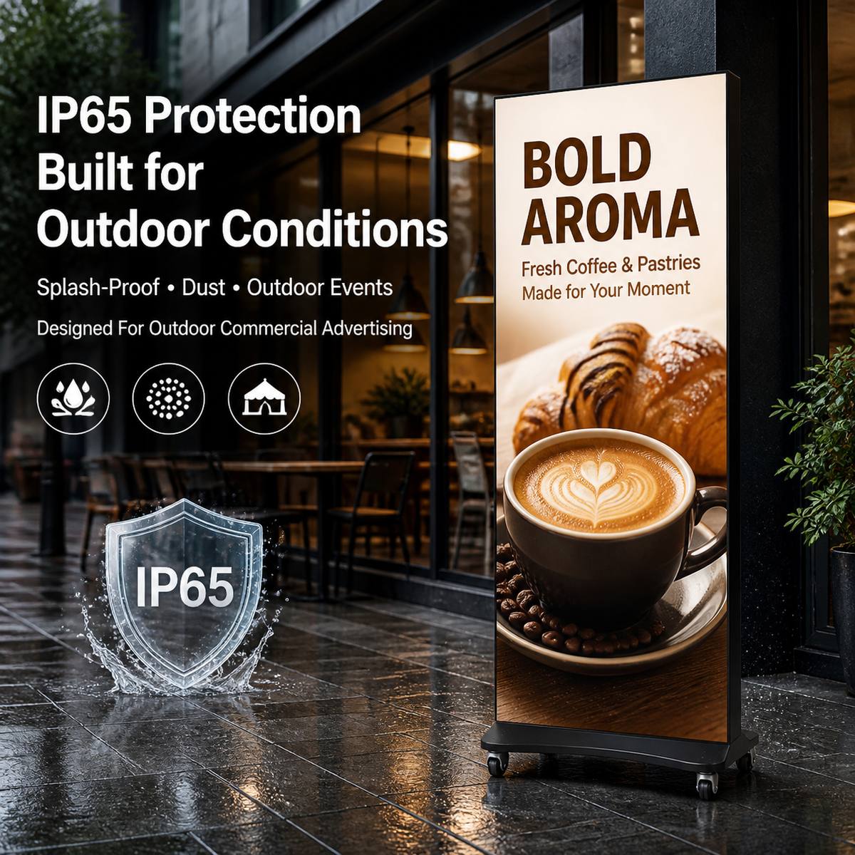 An outdoor vertical roll-up sign on a black wheeled stand, displaying a coffee advertisement with a cup of latte art, croissants, and coffee beans. The sign is shown next to a storefront window at night with promotional text about IP65 protection.