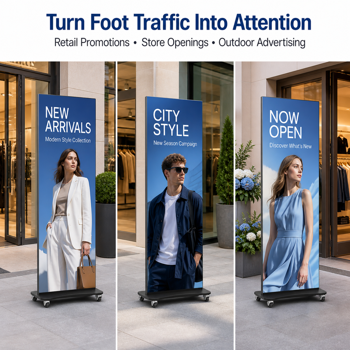 Three vertical retail display stands with wheeled bases are shown outside storefronts. Each stand displays a blue promotional banner with fashion imagery and text such as 'NEW ARRIVALS,' 'CITY STYLE,' and 'NOW OPEN.
