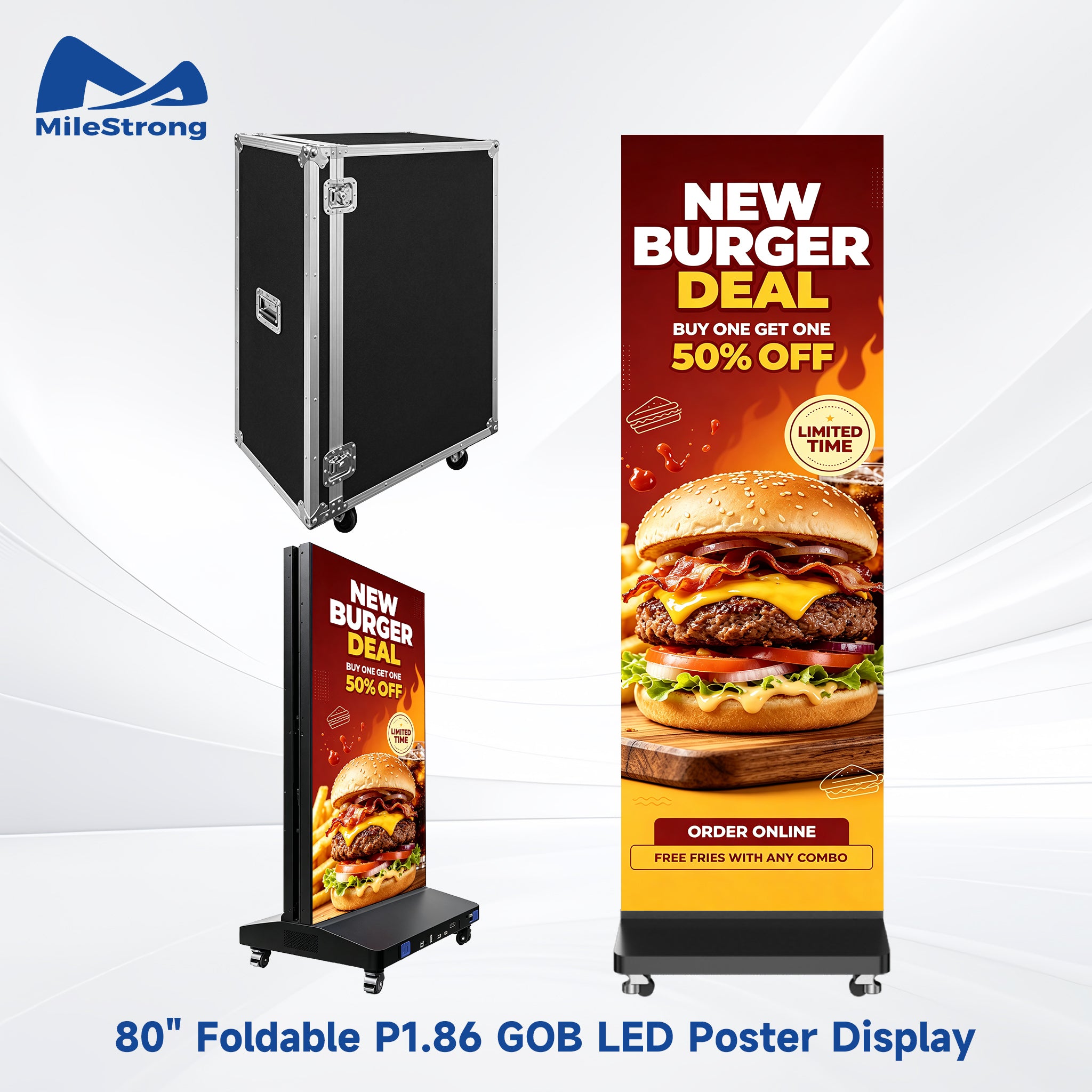 MileStrong 80-inch foldable P1.86 GOB LED poster display shown in two configurations: a black flight case with silver trim and a vertical floor stand displaying a 'New Burger Deal' advertisement with a large burger graphic.