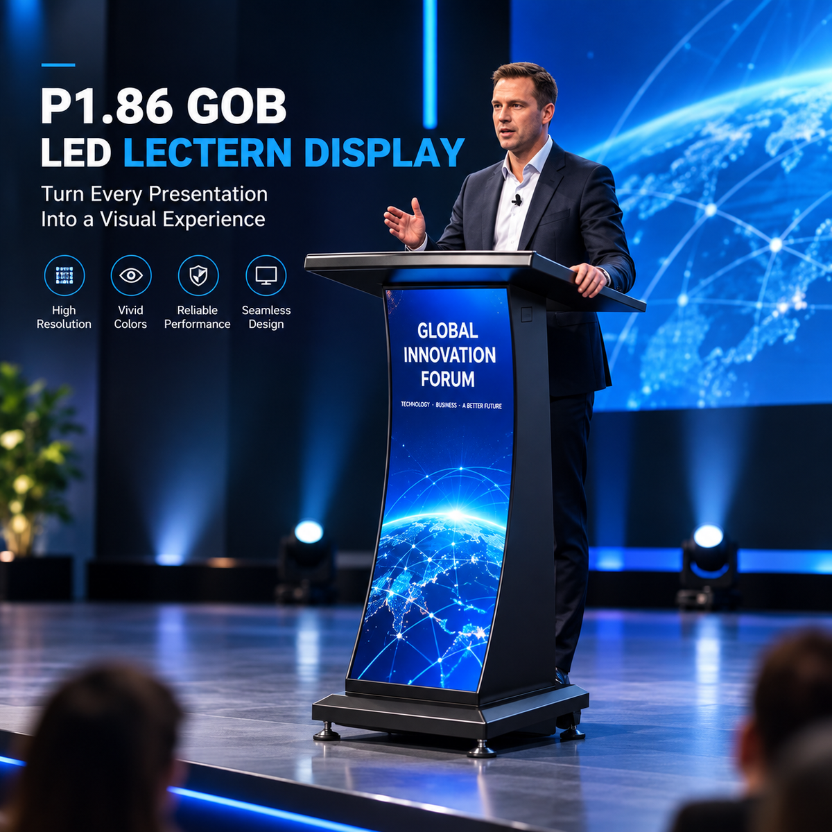 A man in a dark suit stands behind a modern black LED lectern display on a stage. The front of the lectern shows a glowing blue globe graphic with the text 'GLOBAL INNOVATION FORUM'.
