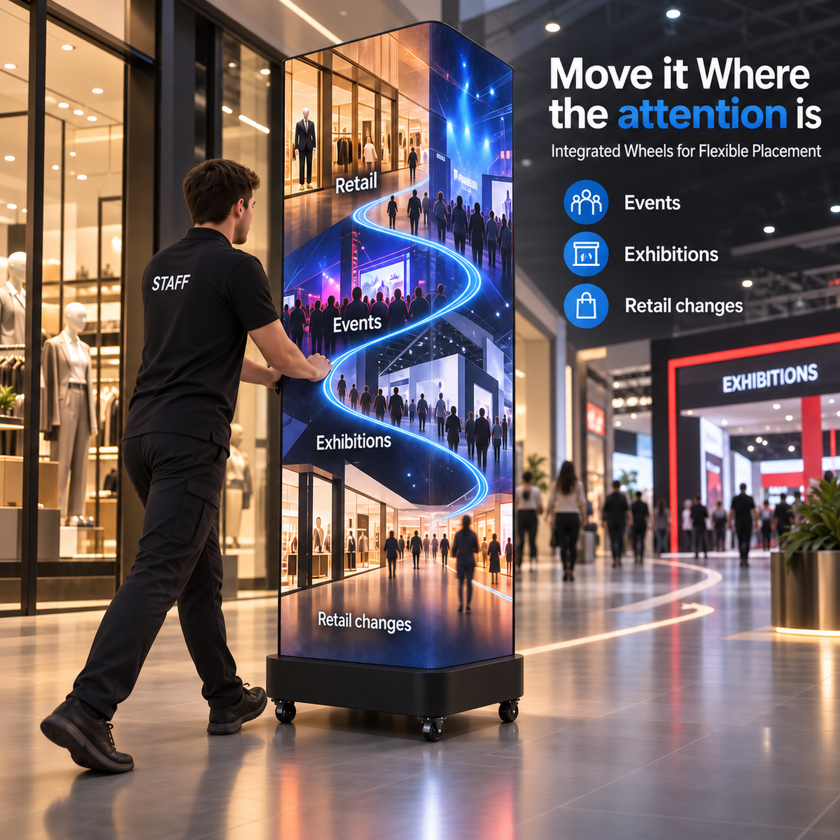 A man in a black staff uniform pushes a tall, freestanding illuminated vertical display screen with wheels in a shopping mall corridor. The screen shows retail and event imagery with the text 'Retail', 'Events', 'Exhibitions', and 'Retail changes'.