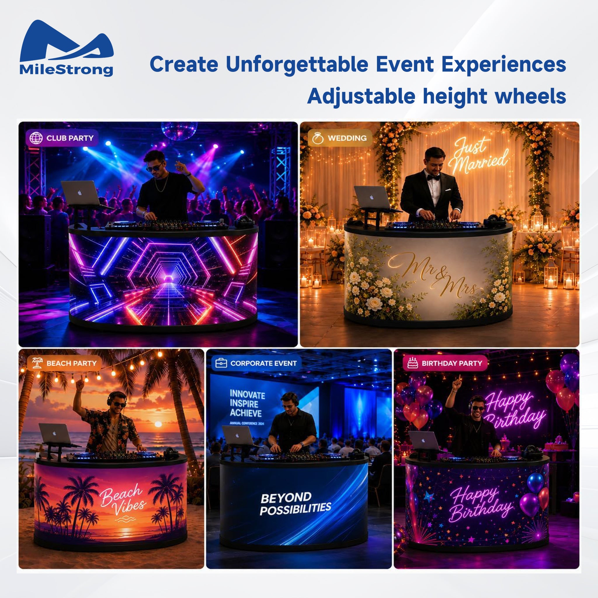A promotional collage for MileStrong custom DJ turntables, showing five event scenes: club party, wedding, beach party, corporate event, and birthday party. The text reads 'Create Unforgettable Event Experiences' and 'Adjustable height wheels.
