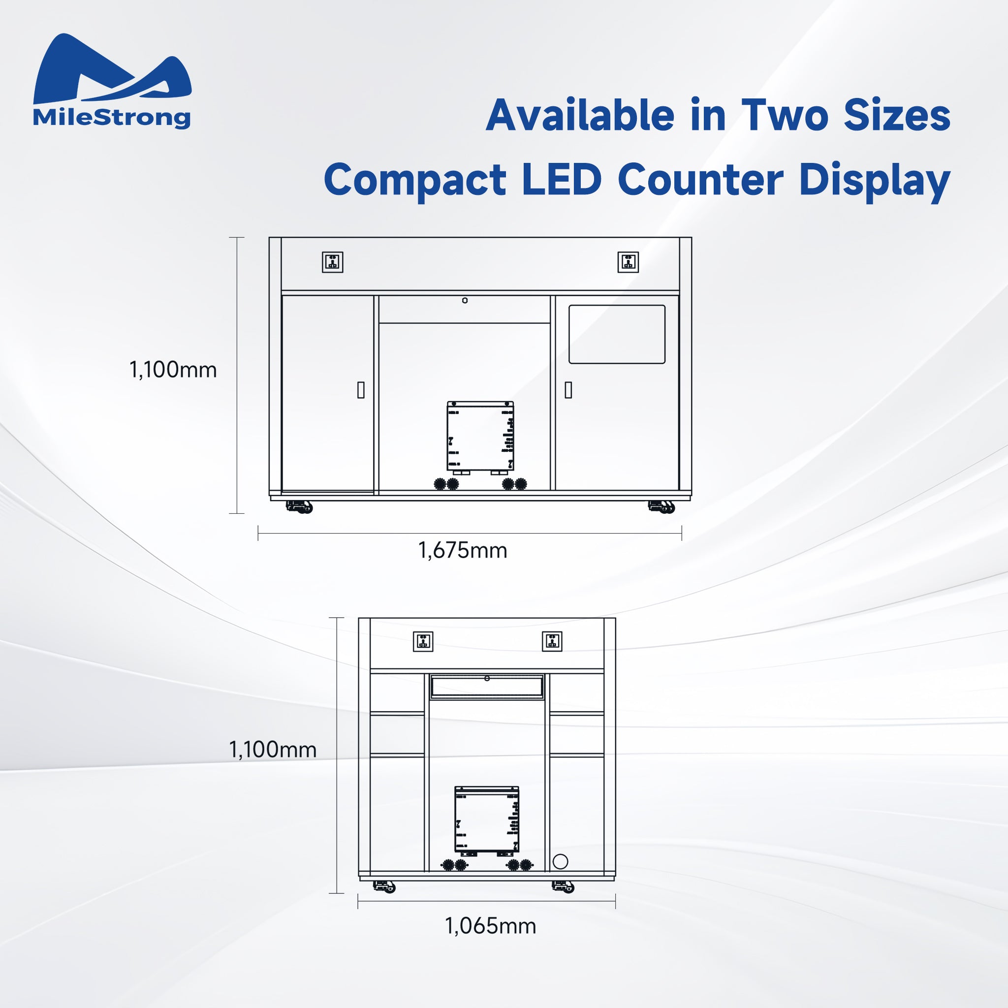 Technical dimension diagram of a compact LED counter display by MileStrong, showing two size options with measurements in millimeters on a light gray background.