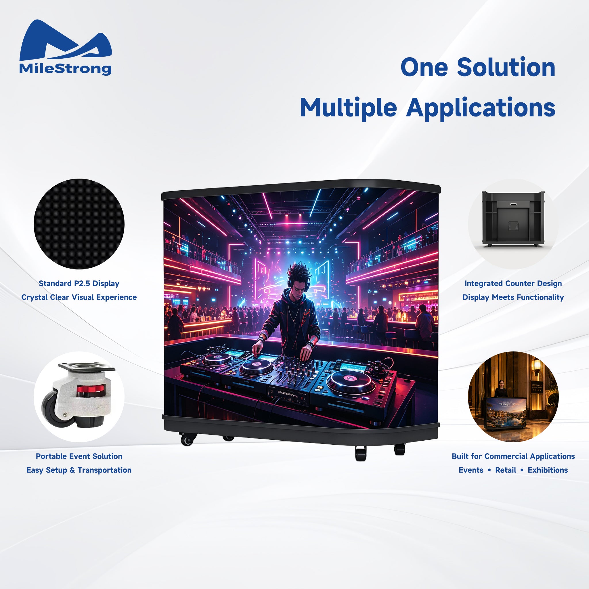 A MileStrong commercial display cabinet shown on a light gray background with marketing text and feature callouts. The cabinet has a large front display showing a neon-lit DJ scene, with smaller inset images and text describing display options, integrated counter design, portability, and commercial application use.