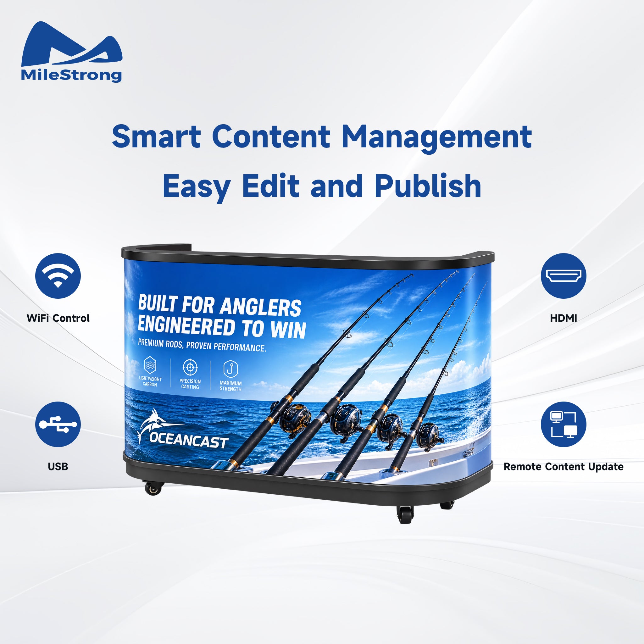 An Oceancast curved display stand with a blue fishing-themed wrap, shown on a white background with feature callouts for MileStrong smart content management, WiFi control, HDMI, USB, and remote content update.
