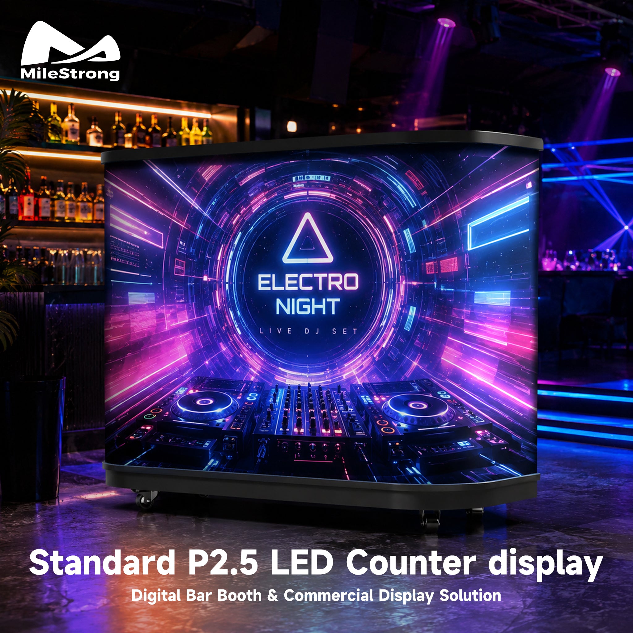 A MileStrong P2.5 LED digital display counter in a nightclub or bar setting, displaying a vibrant neon-themed 'Electro Night' DJ set graphic.