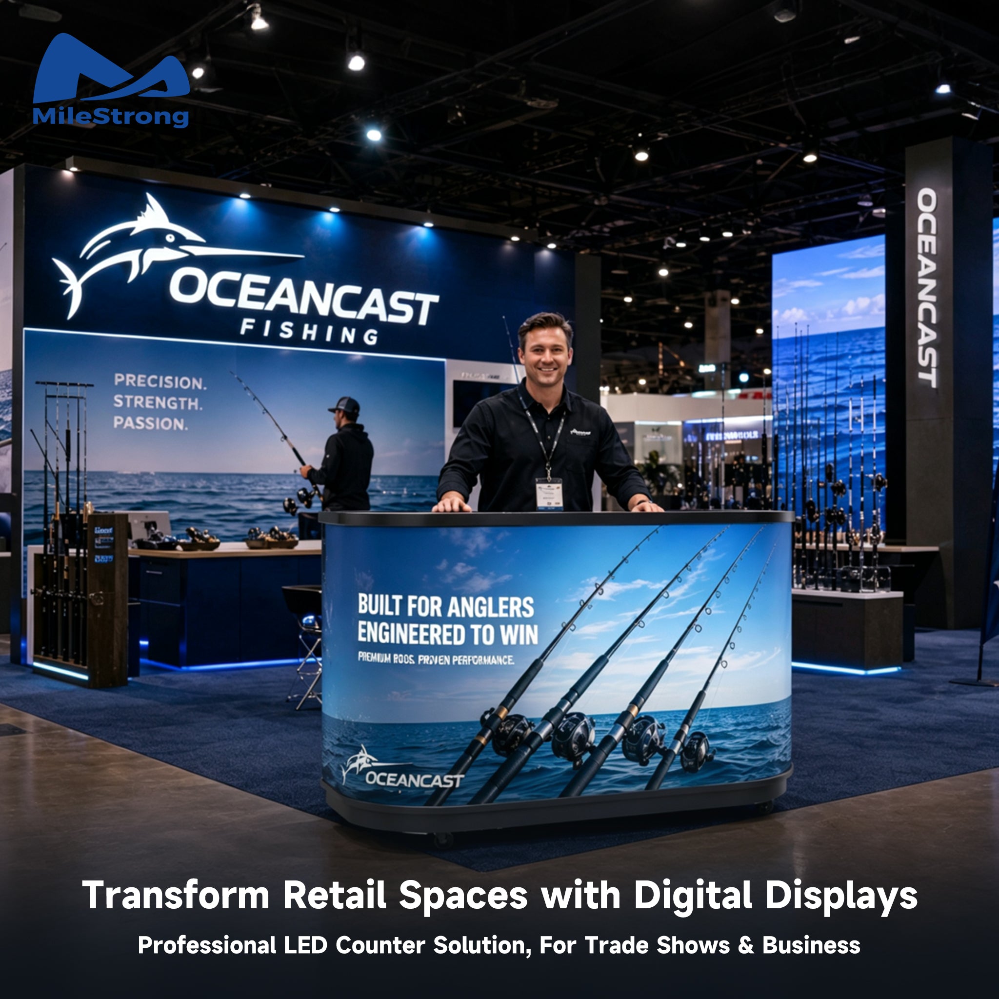 A large retail display booth at an indoor trade show, featuring a curved LED counter with ocean imagery and multiple fishing rods, behind a smiling man in a black shirt. The booth is branded Oceancast Fishing, with MileStrong branding visible in the upper left.